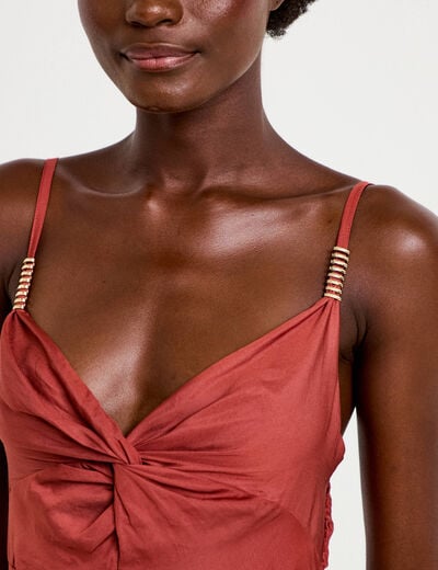 Robe longue &eacute;vas&eacute;e col v satin&eacute;e vieux rose femme