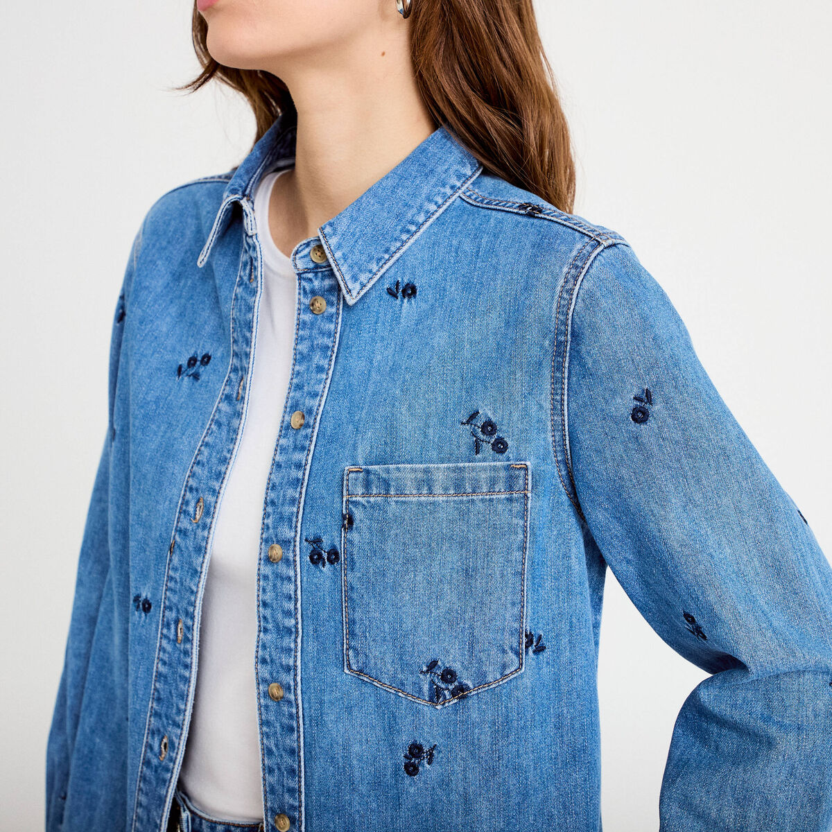 Chemise droite courte manches longues bleu femme