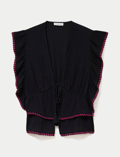 Blouse droite sans manches pliss&eacute;e noir femme