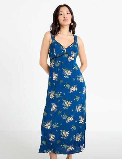 Robe longue &eacute;vas&eacute;e col coeur Bridgerton bleu fonc&eacute; femme