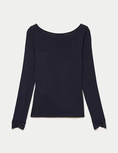 Seconde peau ajust&eacute;e col bateau bleu marine femme
