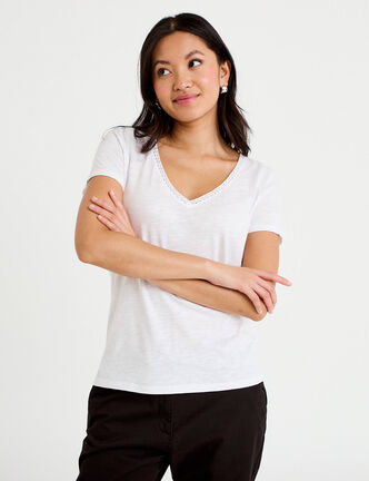 T-shirt col v manches courtes blanc femme