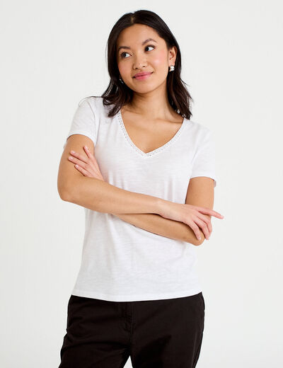 T-shirt col v manches courtes blanc femme