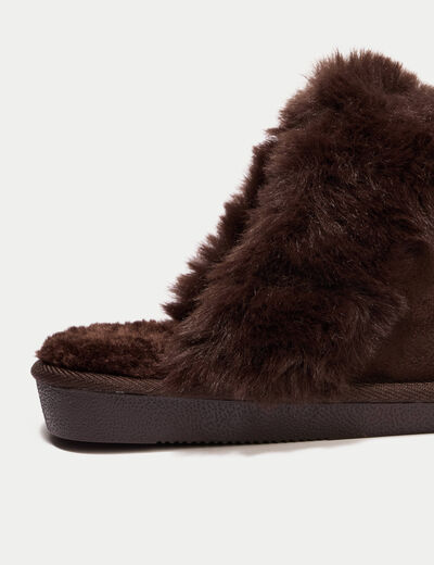 Chaussons fausse fourrure marron fonc&eacute; femme