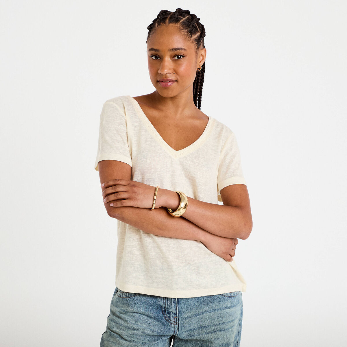 T-shirt col v dentelle manches courtes couleur or femme