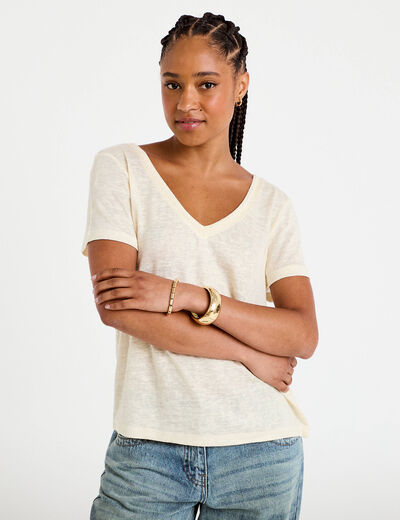 T-shirt col v dentelle manches courtes couleur or femme