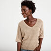 Pull ajour&eacute; col v manches courtes beige femme