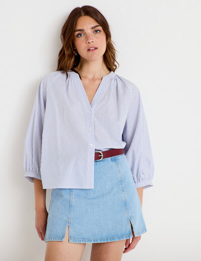 Blouse col v manches 3/4 bleu ciel femme