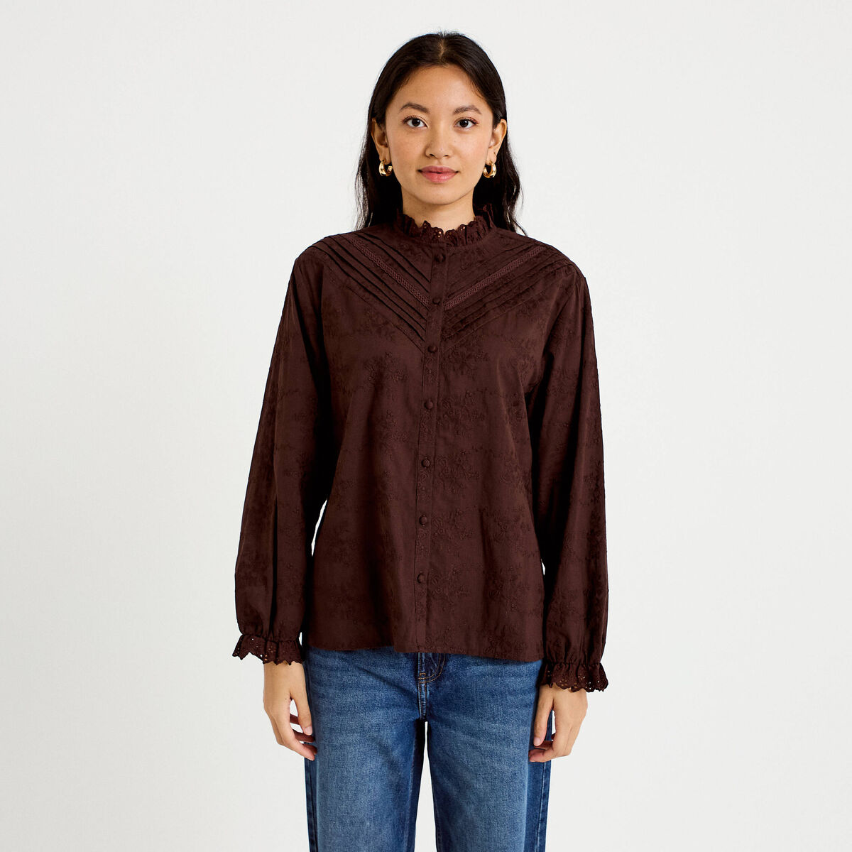 Blouse ample col montant manches longues marron fonc&eacute; femme
