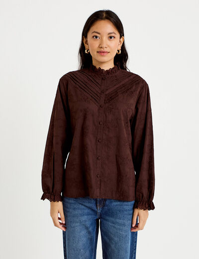 Blouse ample col montant manches longues marron fonc&eacute; femme