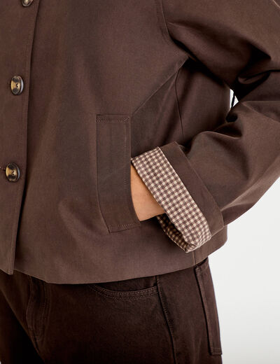 Veste courte boutonn&eacute;e doublure vichy marron fonc&eacute; femme