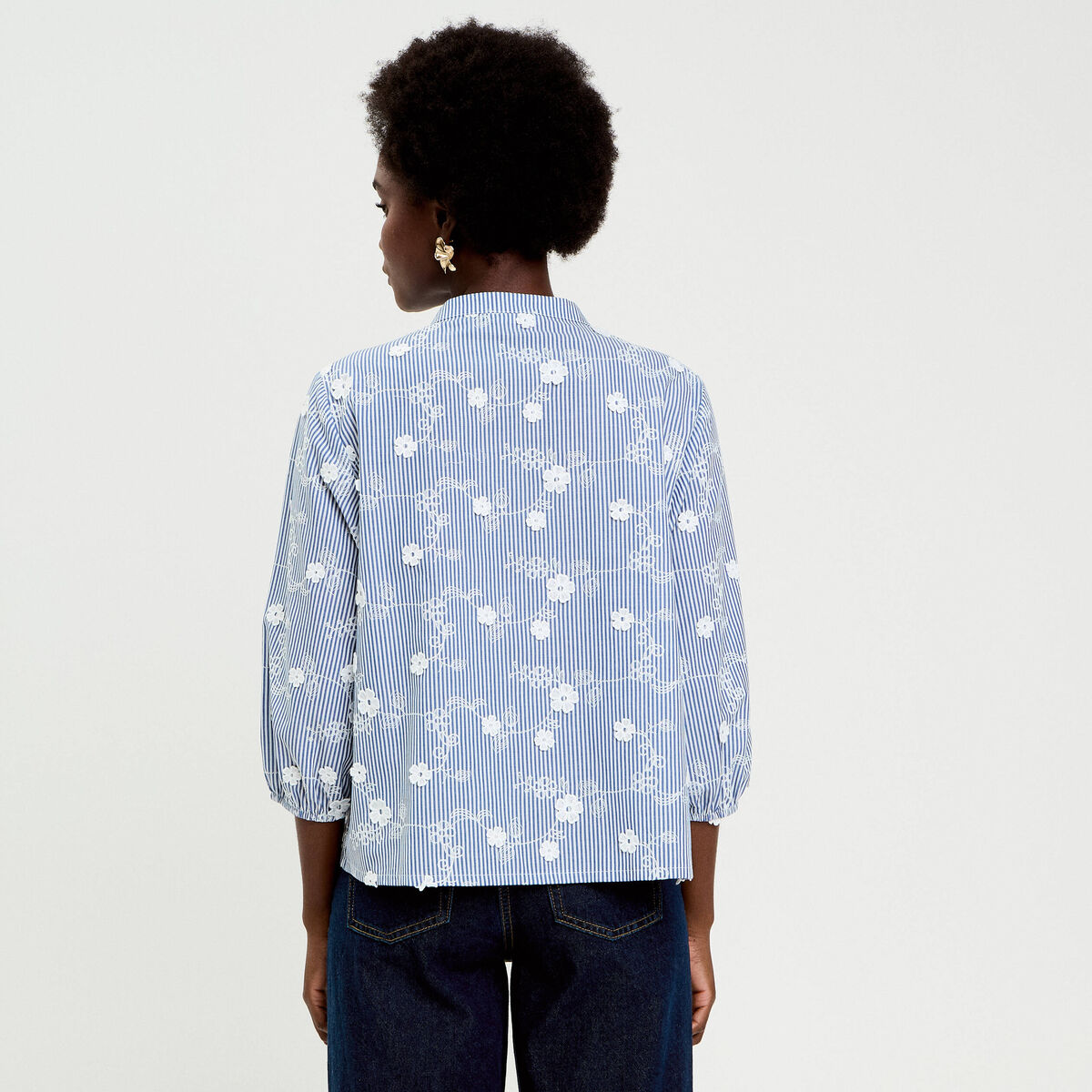 Blouse brod&eacute;e col mao manches 3/4 blanc femme