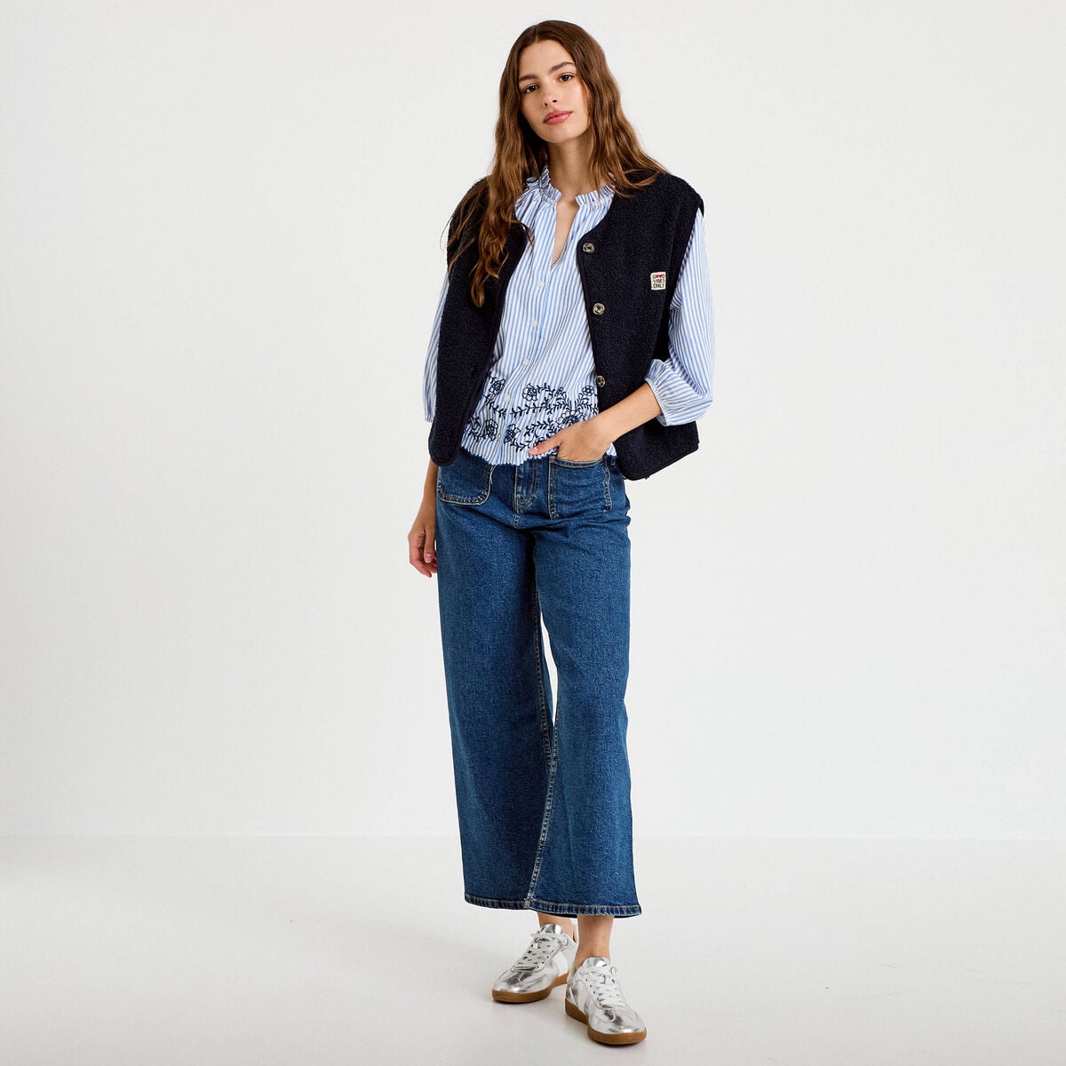 Veste sans manches fausse fourrure bleu marine femme