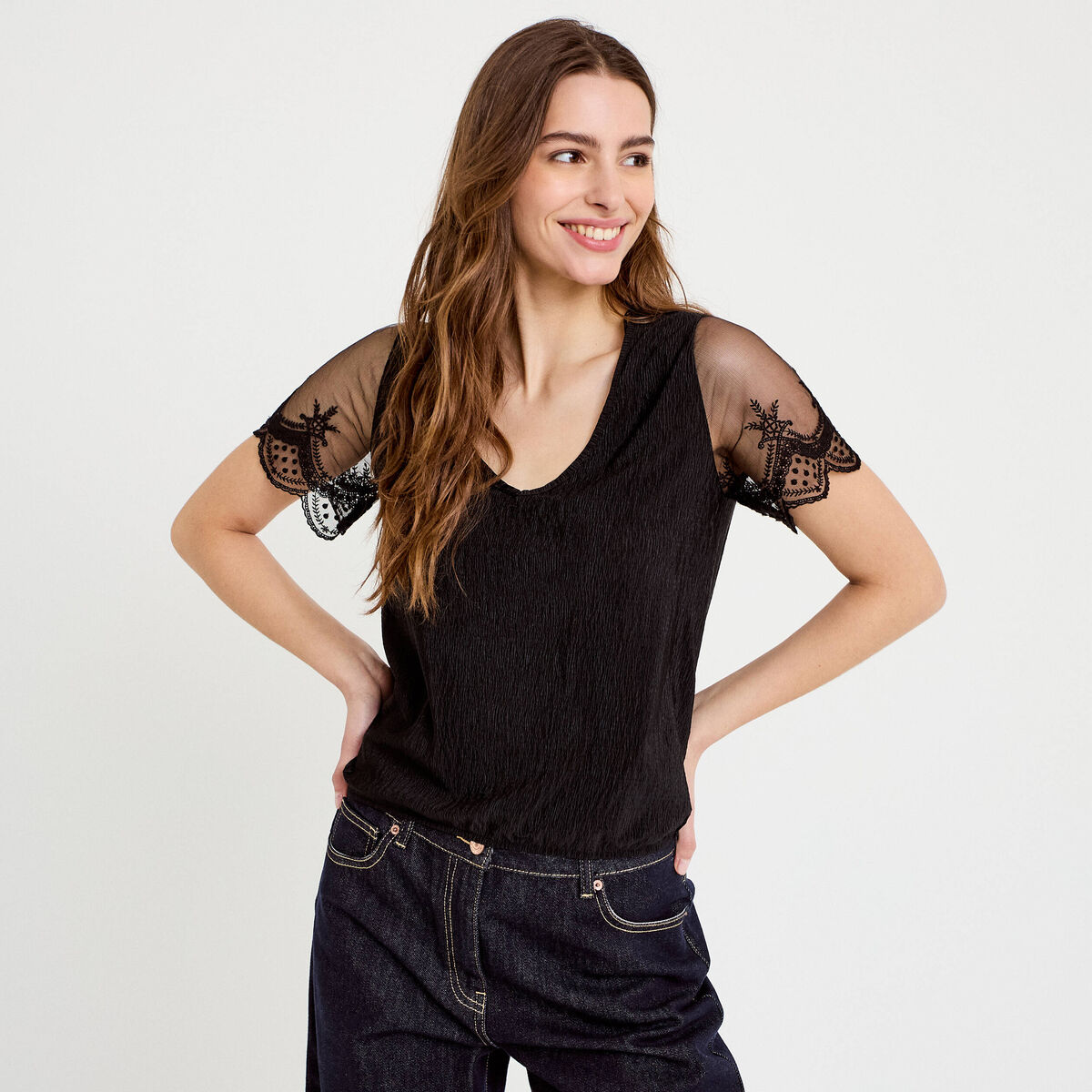 Blouse col v manches courtes dentelle noir femme