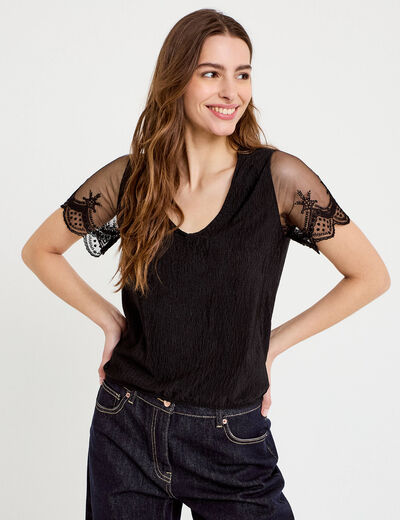 Blouse col v manches courtes dentelle noir femme