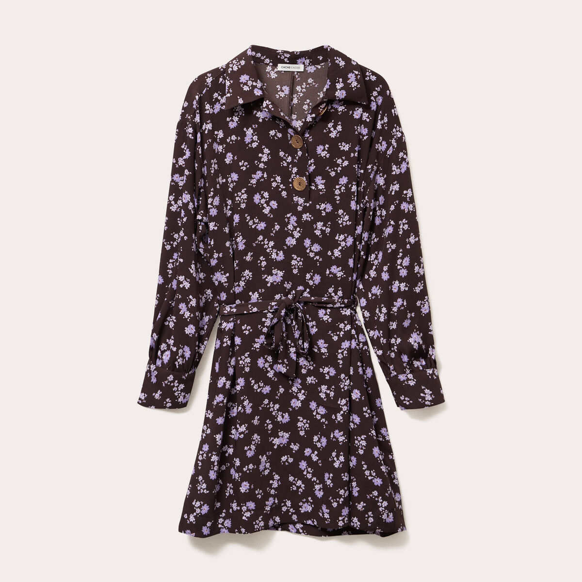 Robe courte droite col chemise marron fonc&eacute; femme