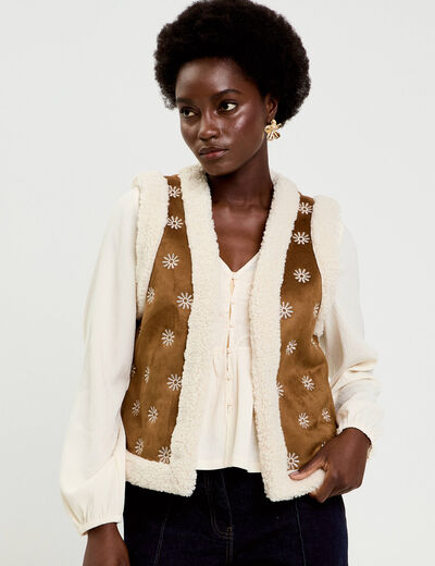 Gilet sans manches fausse fourrure marron fonc&eacute; femme