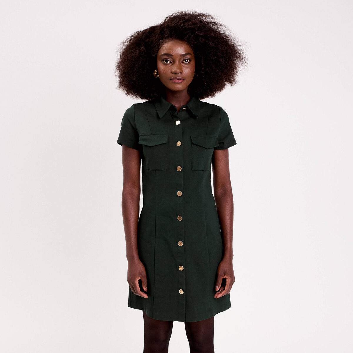 Robe droite boutonn&eacute;e vert fonc&eacute; femme