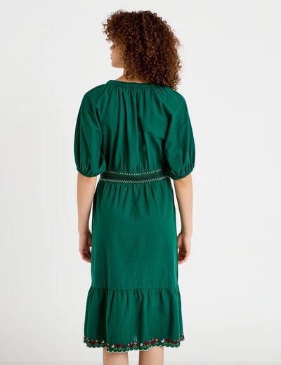 Robe &eacute;vas&eacute;e broderie col chemise vert fonc&eacute; femme