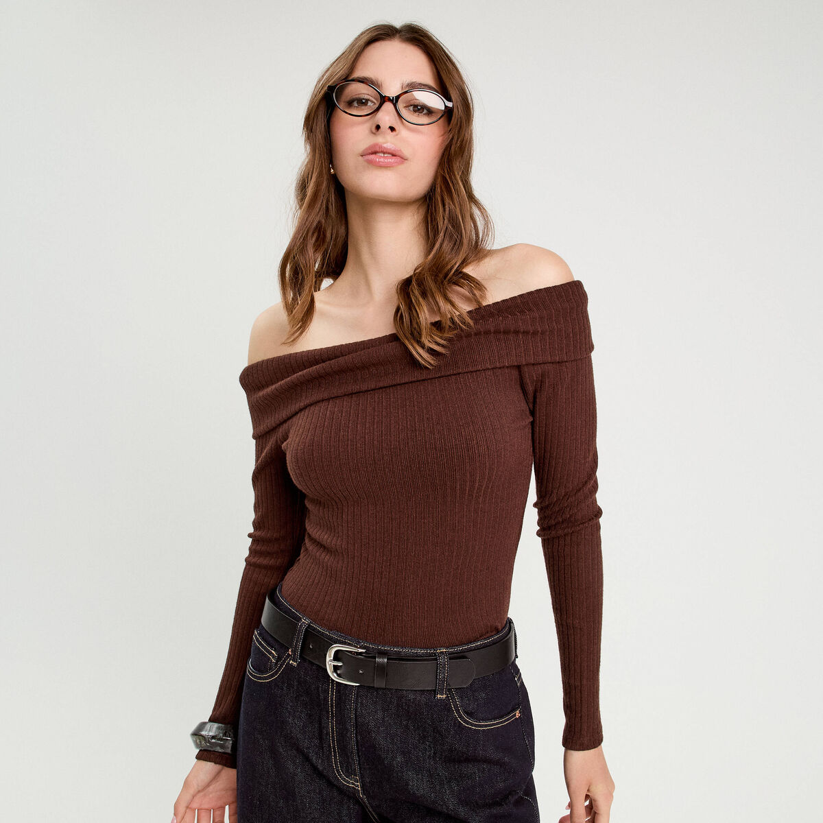 T-shirt manches longues marron fonc&eacute; femme
