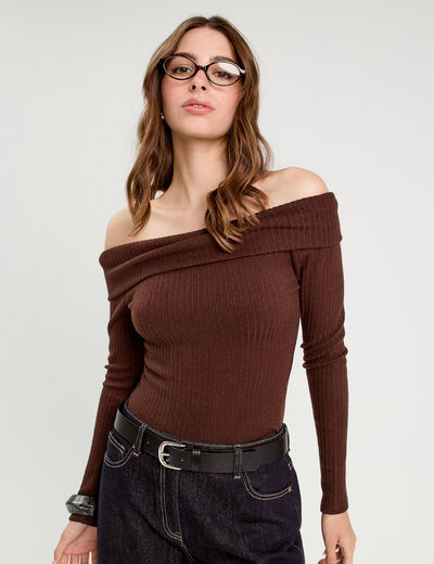 T-shirt manches longues marron fonc&eacute; femme