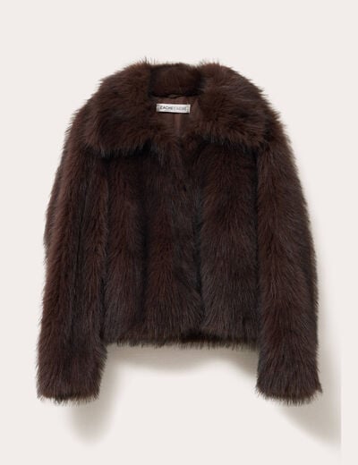 Veste courte en fausse fourrure marron fonc&eacute; femme