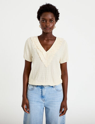 Blouse pliss&eacute;e col v manches courtes ecru femme
