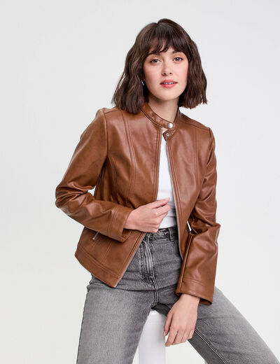 Veste droite zipp&eacute;e beige femme