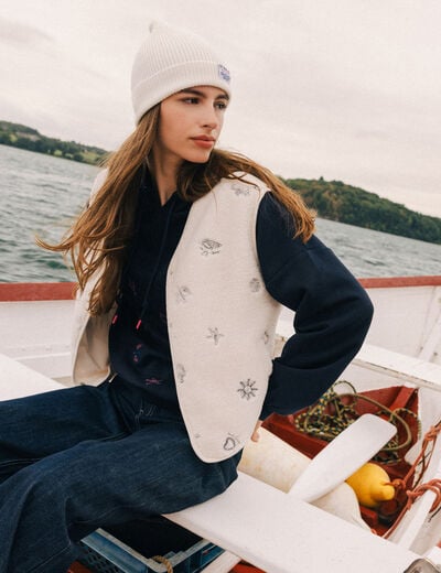 Gilet sans manches effet polaire col v ecru femme