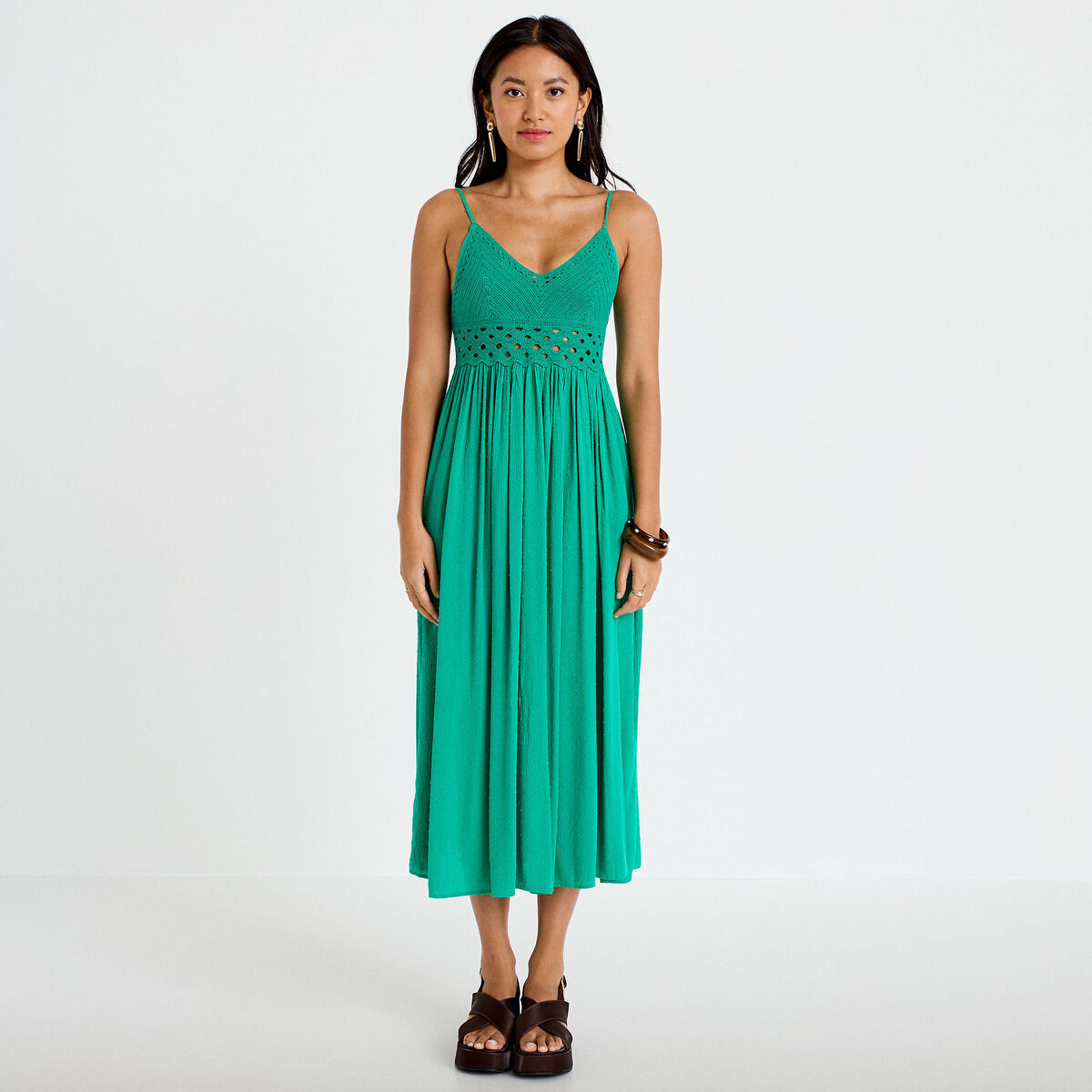 Robe longue bi-mati&egrave;re col v vert femme
