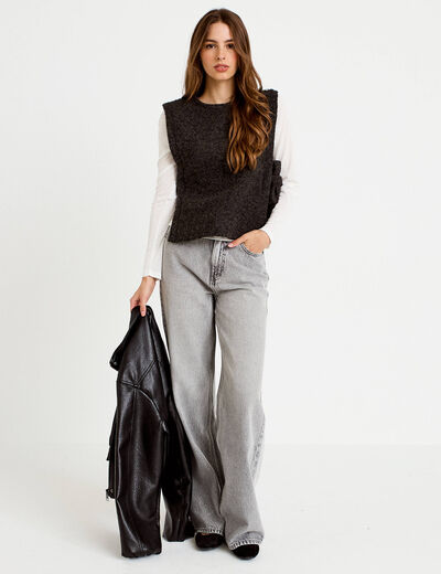 T-shirt 2-en-1 col rond manches longues gris fonc&eacute; femme