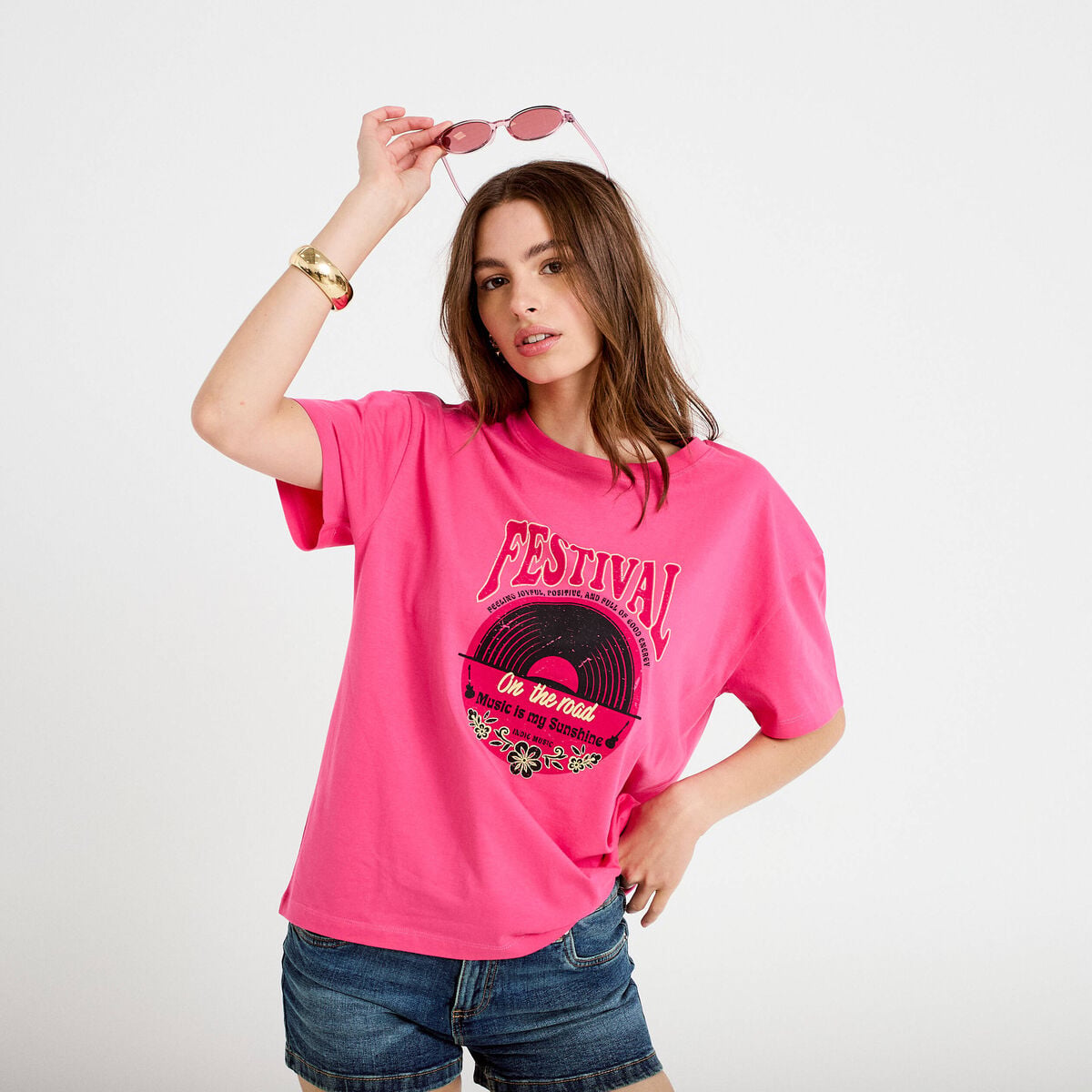T-shirt oversize manches courtes rose fushia femme