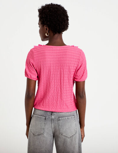 Blouse pliss&eacute;e col v manches courtes rose fushia femme