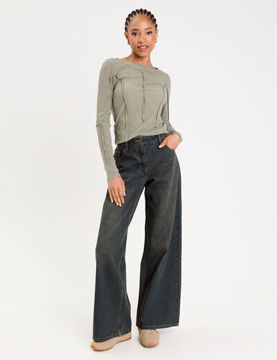 T-shirt cintr&eacute; col rond manches longues vert kaki femme