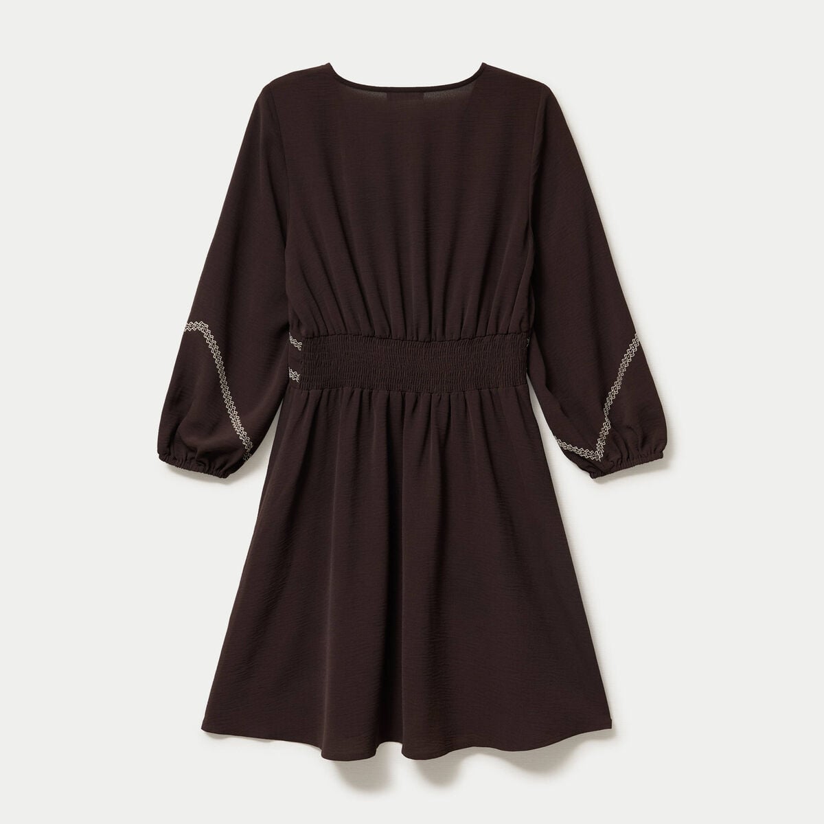 Robe courte &eacute;vas&eacute;e col v manches 3/4 marron fonc&eacute; femme
