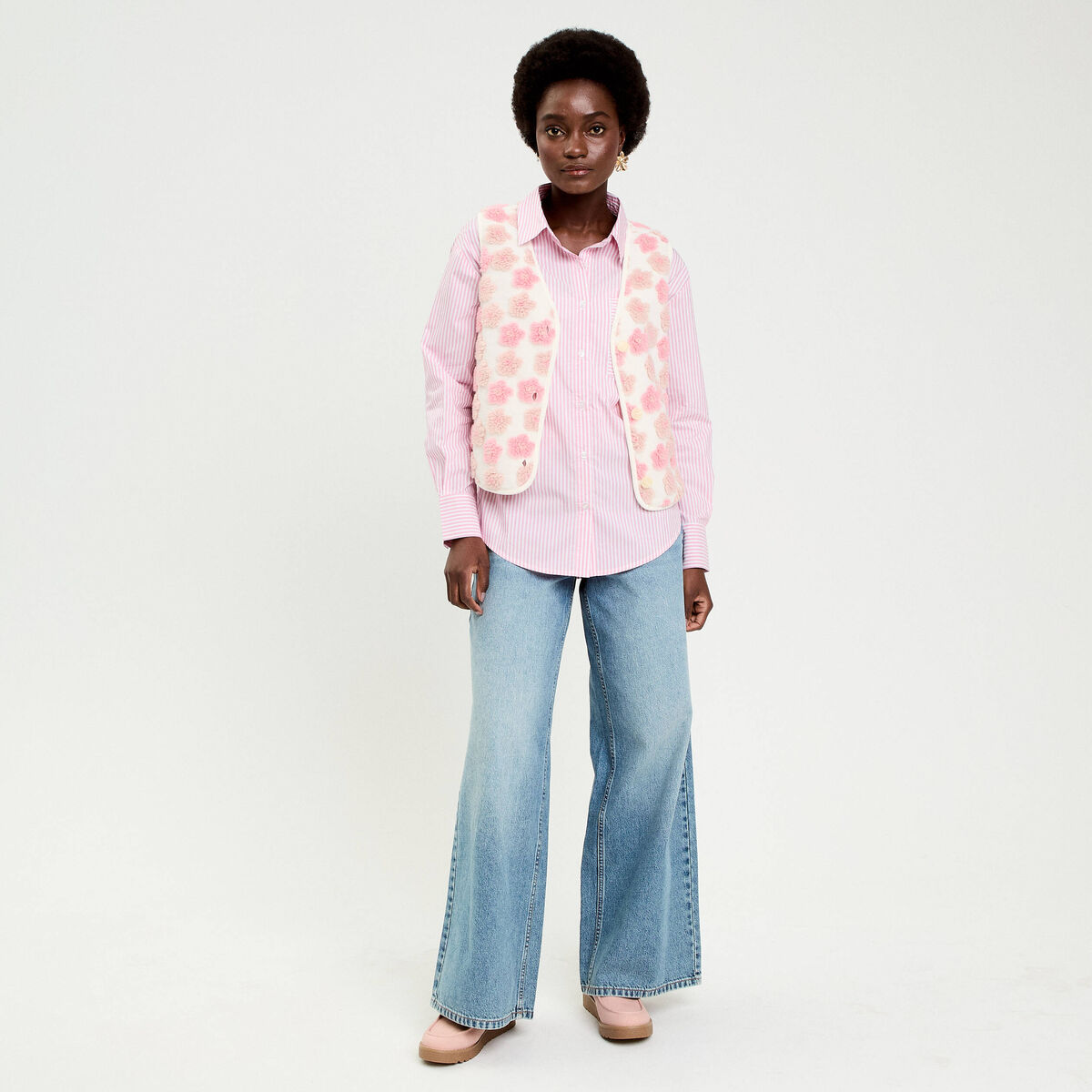 Gilet sans manches &agrave; motif effet polaire ecru femme