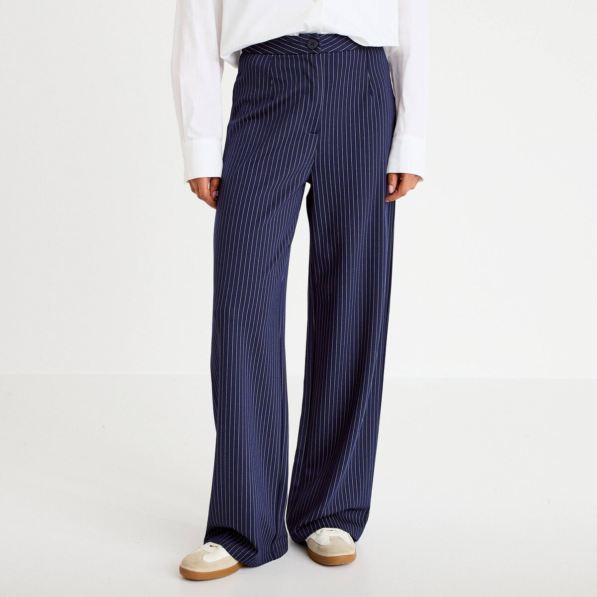Pantalon large taille haute bleu marine femme
