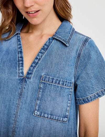Robe trap&egrave;ze courte en jean col chemise denim double stone femme