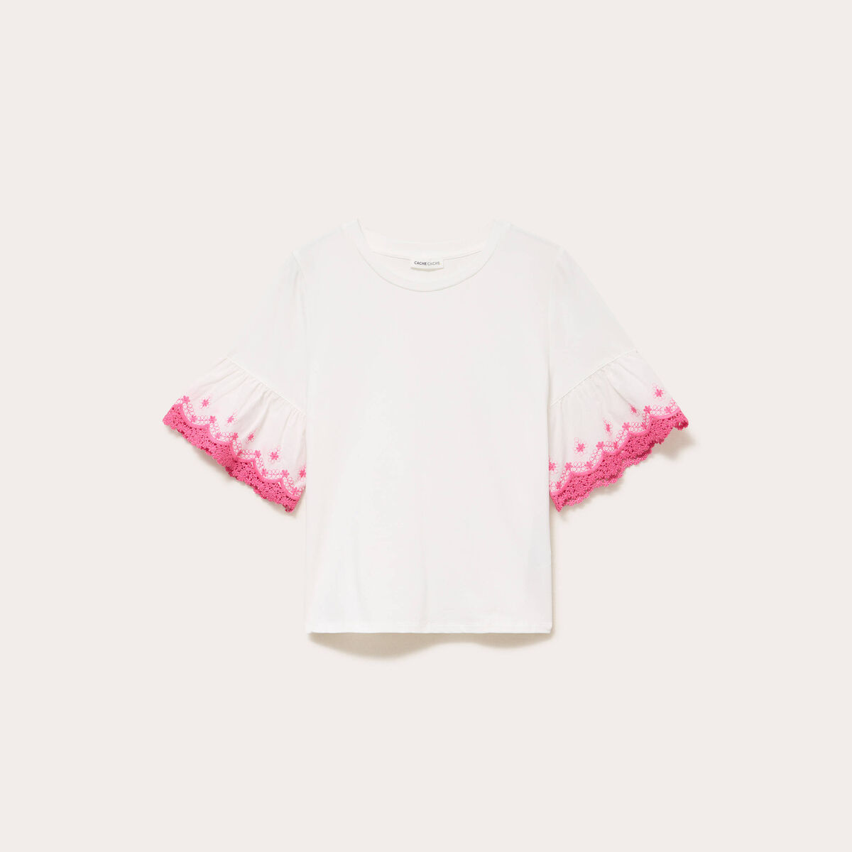 T-shirt brod&eacute; manches courtes ecru femme