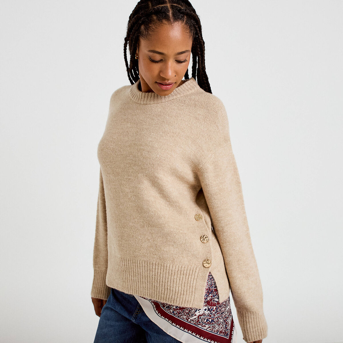 Pull manches longues beige femme
