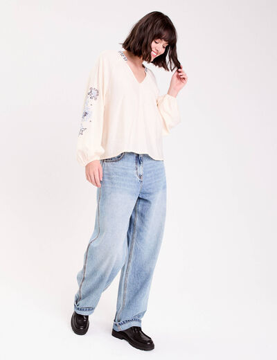 Blouse oversize col v manches longues ecru femme