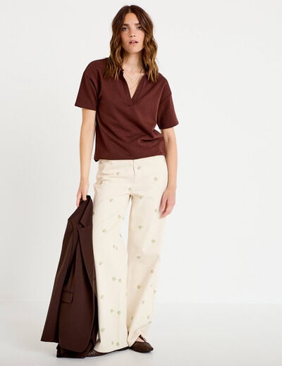Sweat col chemise manches courtes marron femme