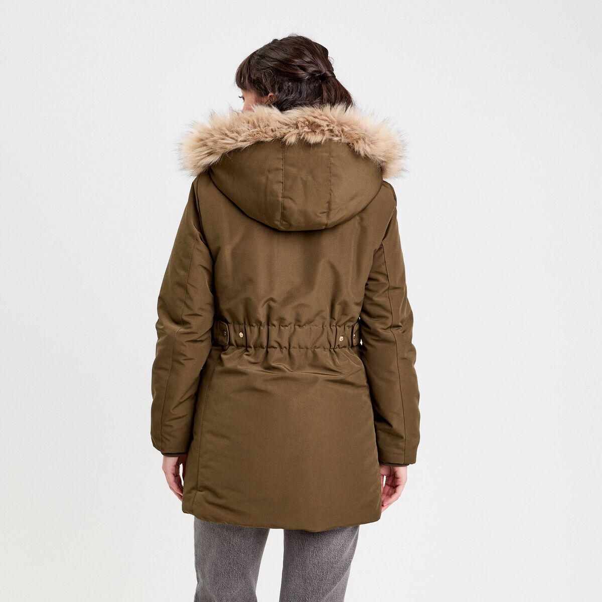 Parka &agrave; capuche fausse fourrure vert kaki femme