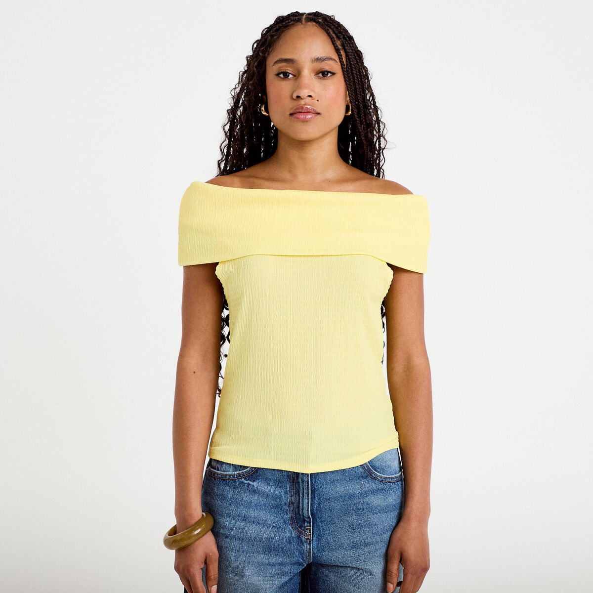 Top col bardot jaune pastel femme