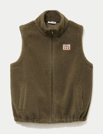 Veste sans manches col montant bouclette vert kaki femme