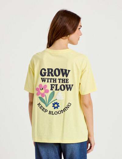 T-shirt bouclettes manches courtes jaune pastel femme