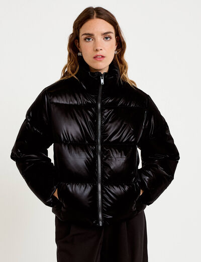 Doudoune cropped col montant brillante noir femme