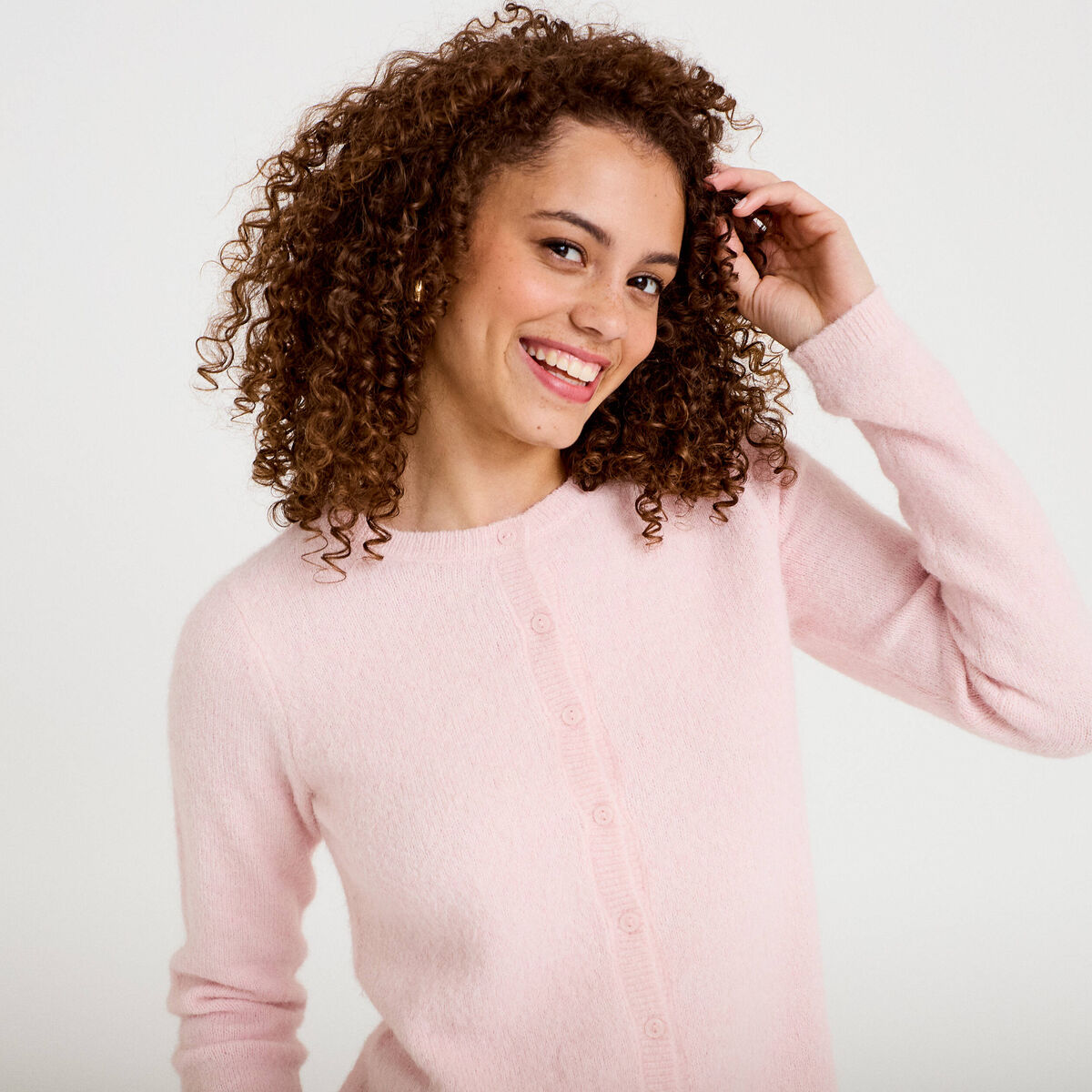 Gilet col rond manches longues rose clair femme
