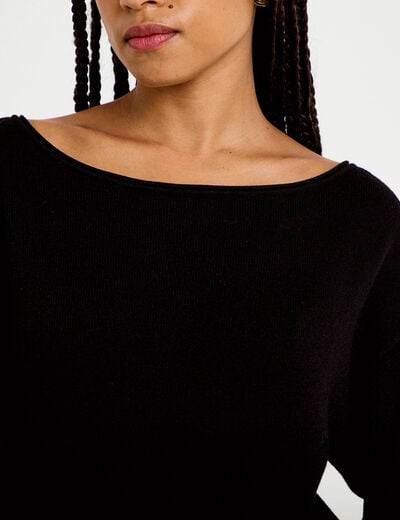 Pull oversize col bateau manches longues noir femme