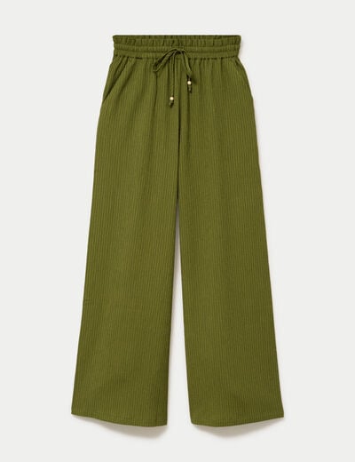 Pantalon large fluide taille haute vert kaki femme